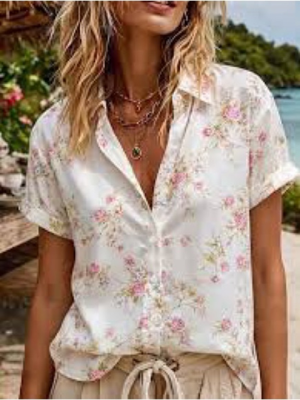 Cottagecore Blouse White Pink Flowers L SHEIN Polyester Olive Green S/S Collared